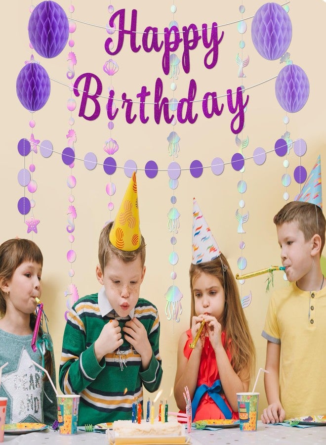 TMTECHJS Purple Birthday Decorations Pre-Strung Happy Birthday Banner with Honeycomb Balls Cake Topper Ocean Theme Hanging Swirls Circle Dots Garland - Image 4